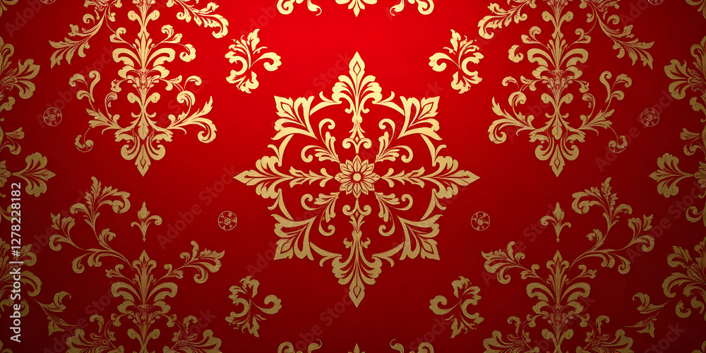 Royal Ornamentation: A rich, symmetrical pattern of gold floral motifs adorns a vibrant red backdrop, creating a sense of luxury and timeless elegance. Royal Ornamentation: A rich, symmetrical pattern of gold floral motifs adorns a vibrant red backdrop, creating a sense of luxury and timeless elegance.