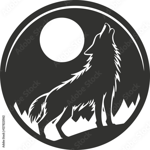 Silhouette of a howling wolf against a full moon in a circle.
