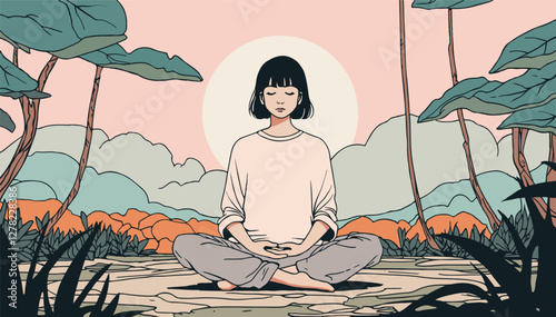 Korean young girl meditates on the nature at the open air among trees and different plants.The young girl practicing a meditation and yoga.Flat style.Vector illustration.Color version