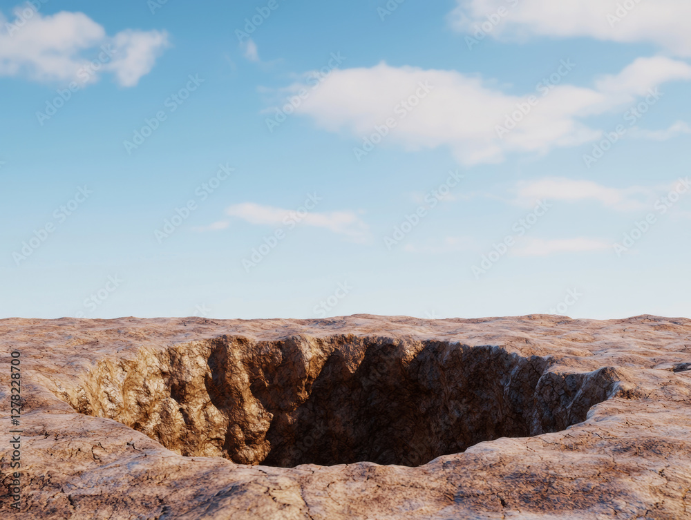 Obraz premium deep hole in rocky terrain under clear blue sky, showcasing natural erosion