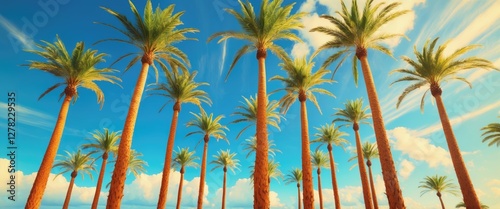 Tropical palm trees reaching towards a bright blue sky with soft clouds and ample space for text or designs in a serene landscape.