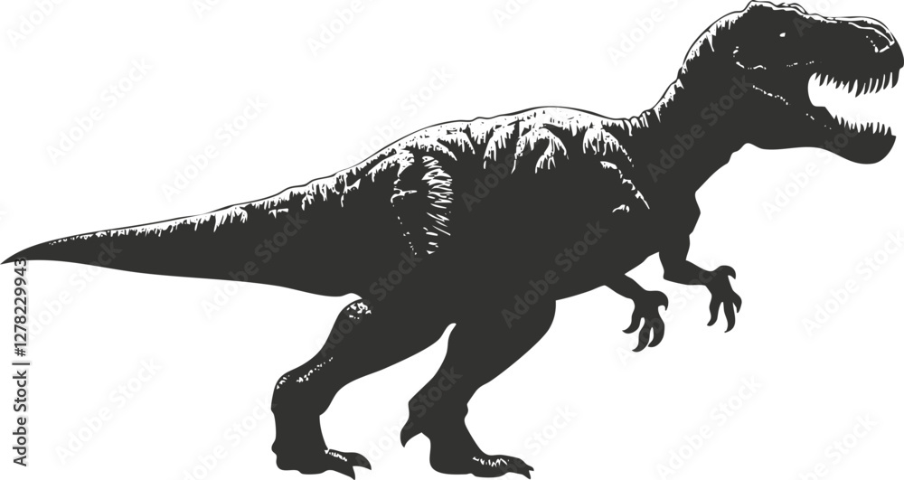 Silhouette of a Tyrannosaurus dinosaur in black and white vector art. Silhouette of a Tyrannosaurus dinosaur in black and white vector art.