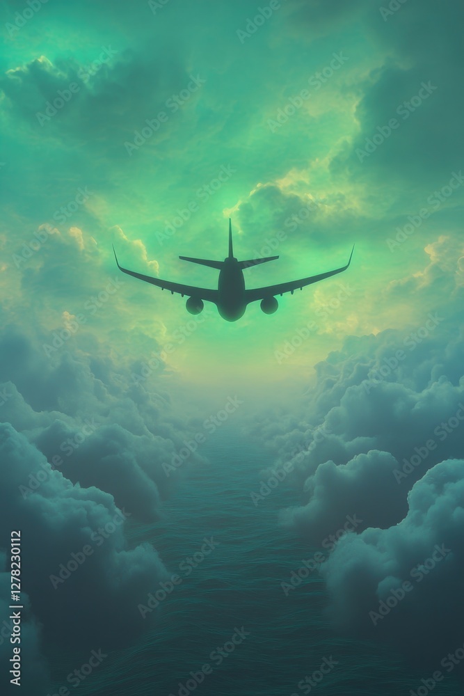 Naklejka premium Airplane soaring through vibrant clouds, illuminated by ethereal