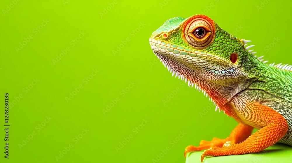 Fototapeta premium Colorful lizard perched on a vibrant green surface, showcasing its unique features and habitat