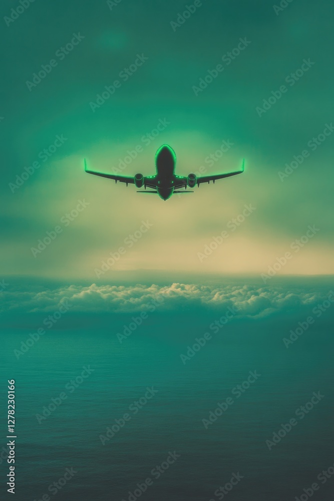 Naklejka premium Silhouette of aircraft soaring above clouds, enveloped in dreamy