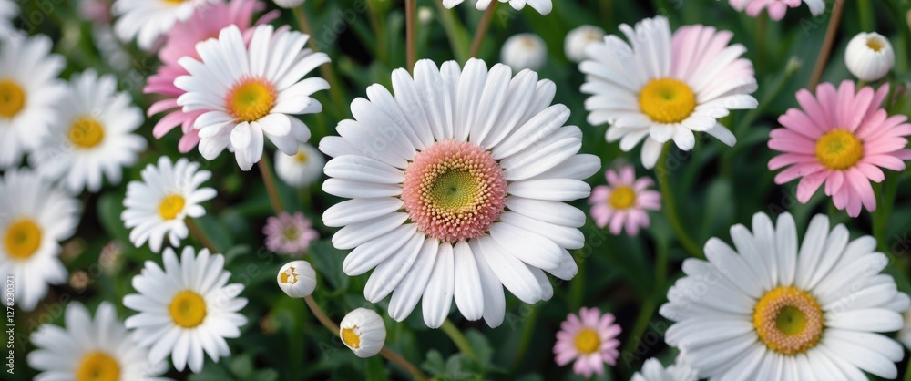 Fototapeta premium Vibrant White Daisies With Subtle Pink Accents Blooming Together Against Lush Green Background In Natural Outdoor Setting