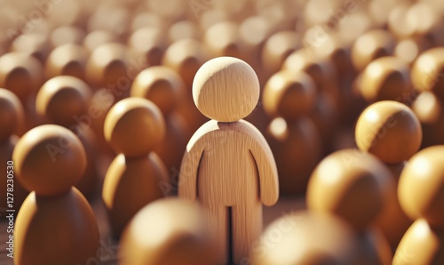Wooden figure standing out among crowd of similar figures representing individuality