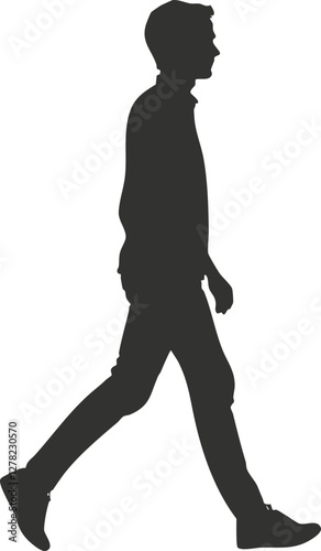 Silhouette of a man walking in profile view on a white background.