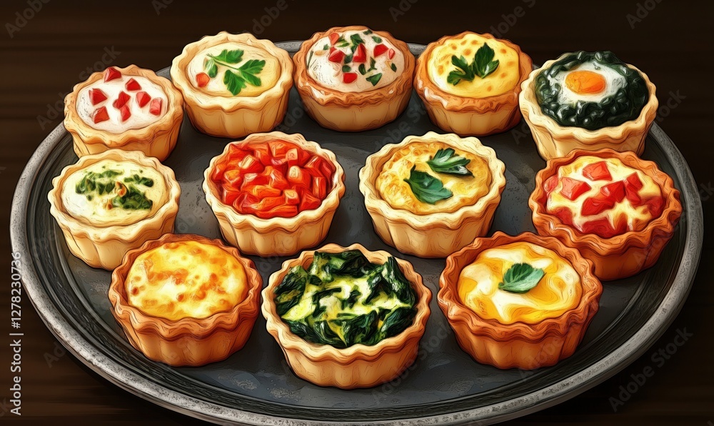 Delicious assortment of mini quiches with various fillings on a serving platter Delicious assortment of mini quiches with various fillings on a serving platter