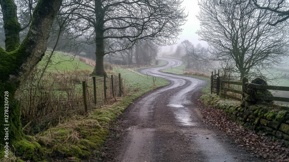 Winding Country Road Through Misty Landscape with Trees and Fences Winding Country Road Through Misty Landscape with Trees and Fences