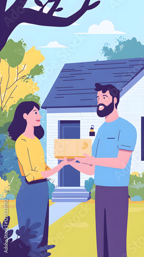 A man is handing over a package to his wife in front of their house
