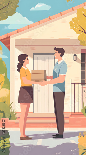 A man is handing over a package to his wife in front of their house
