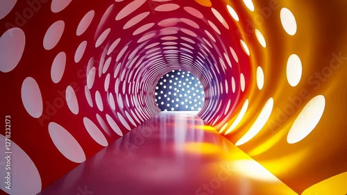 Colorful abstract tunnel with vibrant patterns and lighting, leading to a dotted backdrop