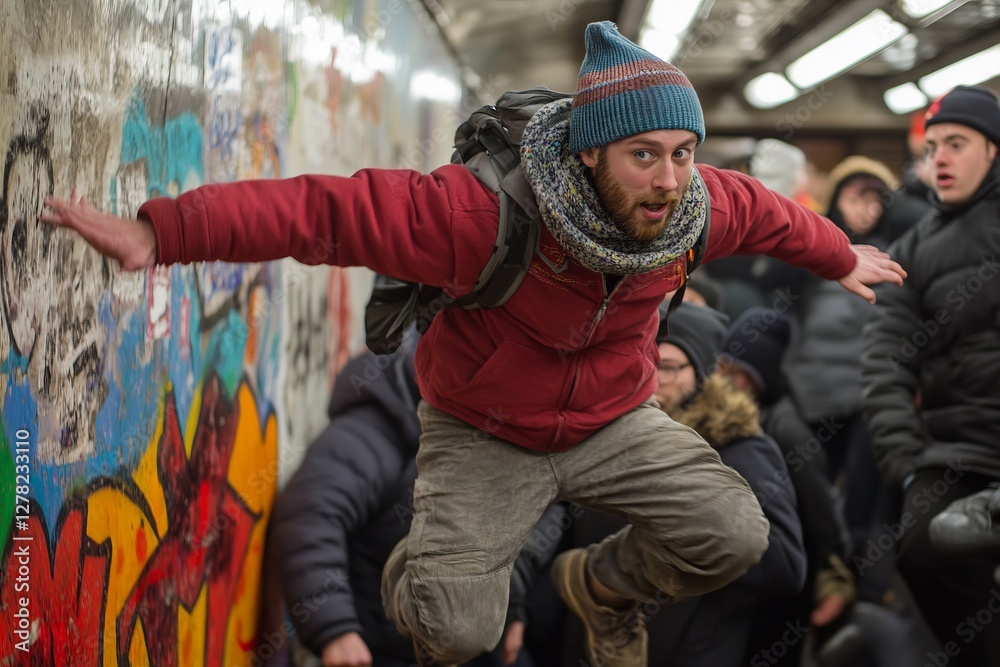 Man performs a dynamic leap in a crowded subway station filled with vibrant graffiti in winter Man performs a dynamic leap in a crowded subway station filled with vibrant graffiti in winter