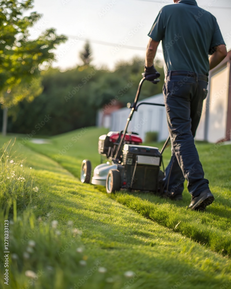 A man mowing the lawn with a gas-powered mower. A man mowing the lawn with a gas-powered mower.