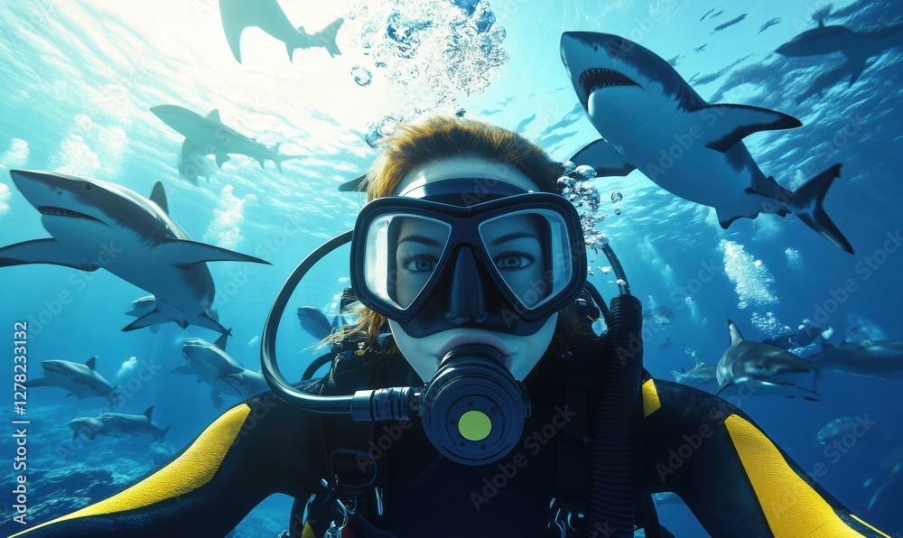 Diver swimming with sharks in vibrant underwater scene showcasing marine life Diver swimming with sharks in vibrant underwater scene showcasing marine life