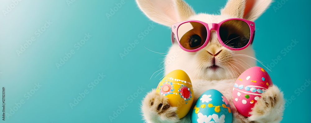 Easter bunny in sunglasses holding colorful easter eggs, hipster style, blue background. Easter egg hunt concept. Easter costumes and furry animals. In fashionable glasses. Copy space. Easter bunny in sunglasses holding colorful easter eggs, hipster style, blue background. Easter egg hunt concept. Easter costumes and furry animals. In fashionable glasses. Copy space.