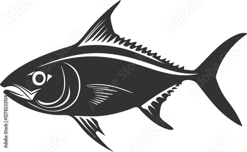 Black and white silhouette of a tuna fish illustration.