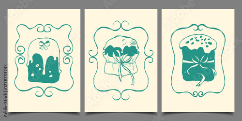 Set of hand-drawn Easter cards with cakes