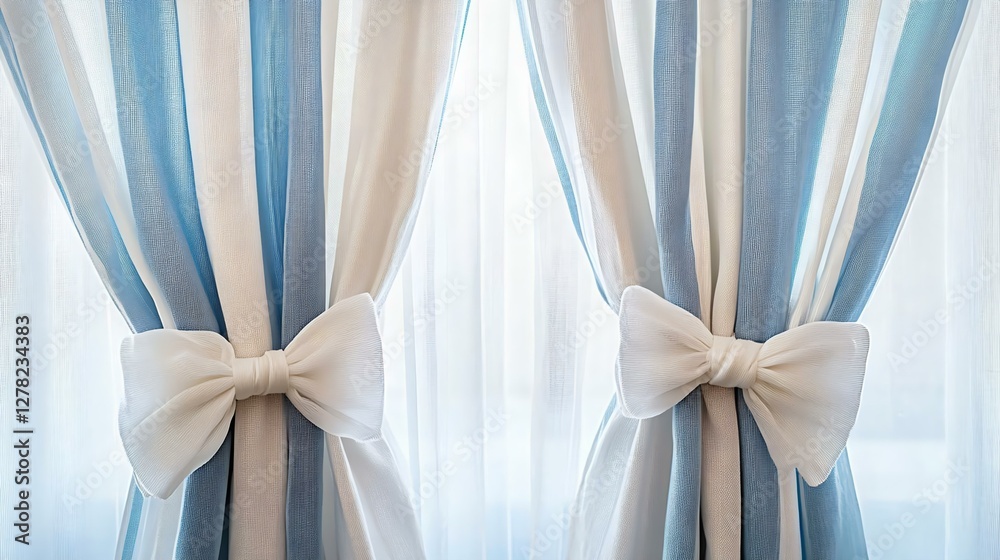Elegant blue and white curtains adorned with stylish bows, filtering soft light in a serene interior setting. Elegant blue and white curtains adorned with stylish bows, filtering soft light in a serene interior setting.