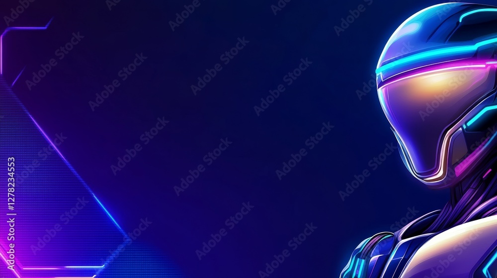 Naklejka premium Futuristic robot with neon lights against a dark background, showcasing advanced technology
