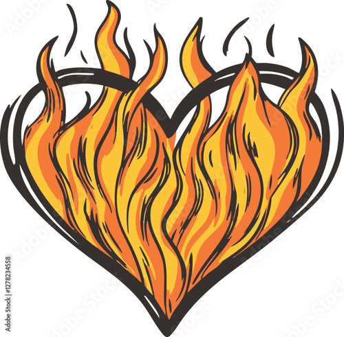 Heart-shaped flame illustration symbolizing burning passion and love.
