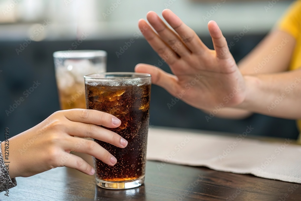 Hand refuse glass of soda. Healthy lifestyle choice Hand refuse glass of soda. Healthy lifestyle choice