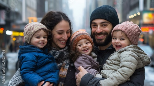 A joyful family of five smiles in a chilly urban setting, showcasing love and warmth during winter. Perfect for family and lifestyle themes.