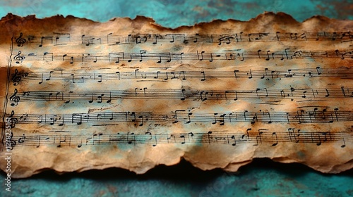 Aged musical score, torn paper, teal background photo