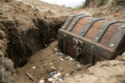 Old wooden treasure chest buried in sand