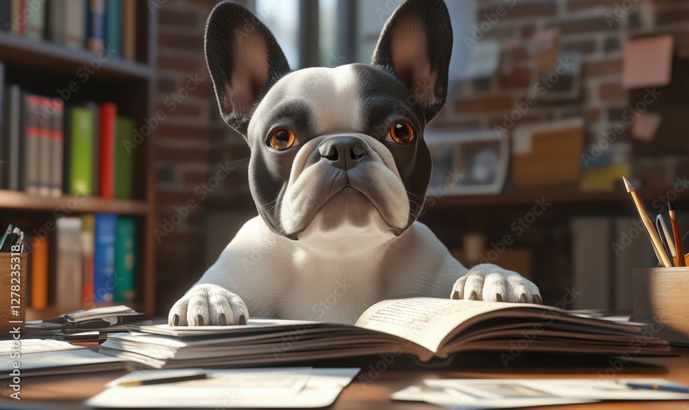 French bulldog studying at desk surrounded by books and stationery in cozy library setting French bulldog studying at desk surrounded by books and stationery in cozy library setting