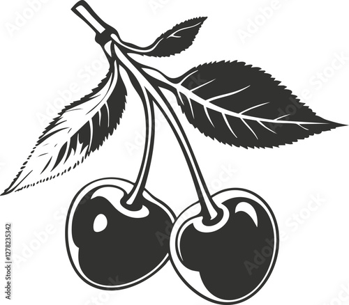 Black and white illustration of two cherries with leaves on a branch.