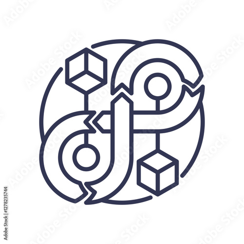 Abstract design with arrows and cubes symbolizing cyclic continuity and interconnectedness.