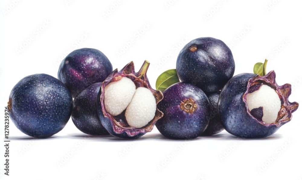 Fresh purple mangosteen fruits arranged artistically on a white background, showcasing their unique texture Fresh purple mangosteen fruits arranged artistically on a white background, showcasing their unique texture