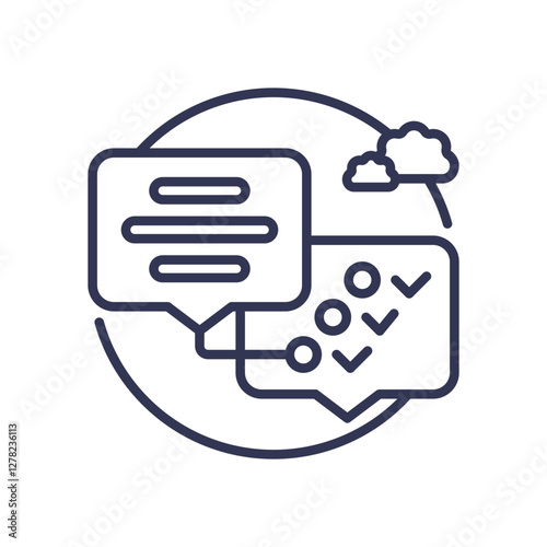 Speech bubbles with text and checkmarks symbolize dialogue and accessibility.