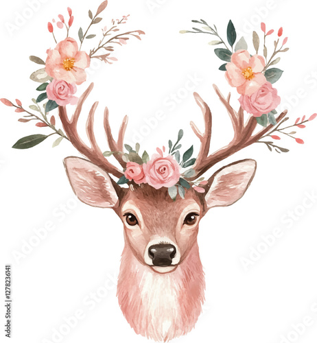 Watercolor deer head with flowers on antlers
