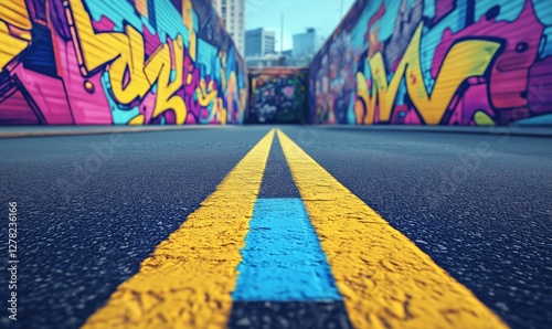 Vibrant street art alley with colorful graffiti and yellow road markings photo