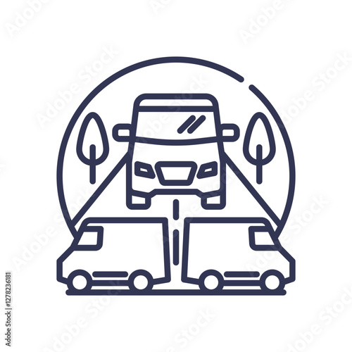 Illustration of diverse fleet management with vehicles and trees, symbolizing sustainability and efficiency.