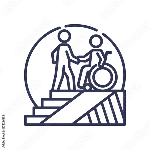 Illustration of inclusivity with a person in a wheelchair and another person shaking hands.