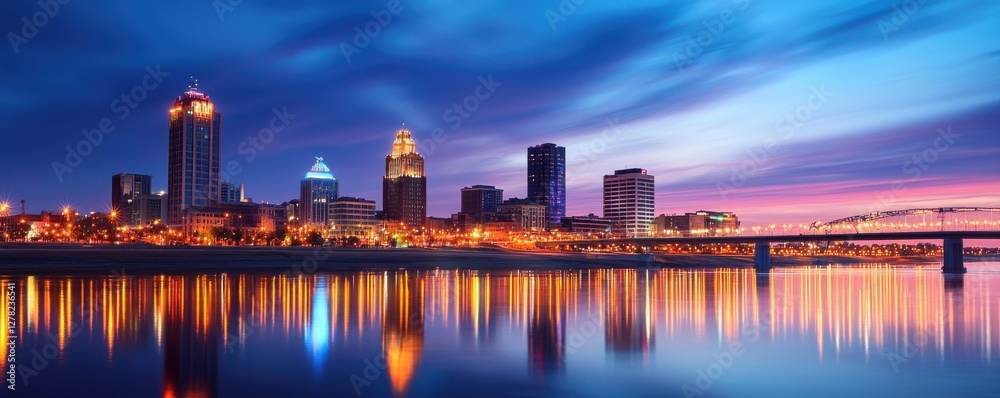 Fototapeta premium A vibrant city skyline at dusk, reflecting beautifully on the water with colorful lights and dramatic clouds.