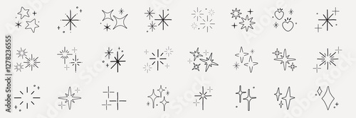 A collection of star icons in various shapes and styles. Star icons feature different designs, with stars and sparkles. Perfect for design projects needing star icons. Element vector set.