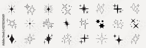 A collection of star icons in various shapes and styles. Star icons feature different designs, with stars and sparkles. Perfect for design projects needing star icons. Element vector set.