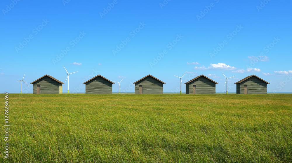 Green houses in field with wind turbines under clear blue sky Green houses in field with wind turbines under clear blue sky