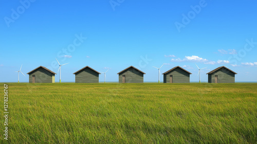 Wallpaper Mural Green houses in field with wind turbines under clear blue sky Torontodigital.ca