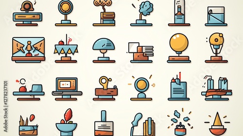 Collection of diverse awards and trophies in a flat design style.