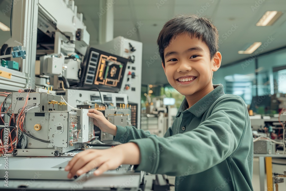 A young engineer testing their project, making real-time adjustments for improvement. A young engineer testing their project, making real-time adjustments for improvement.