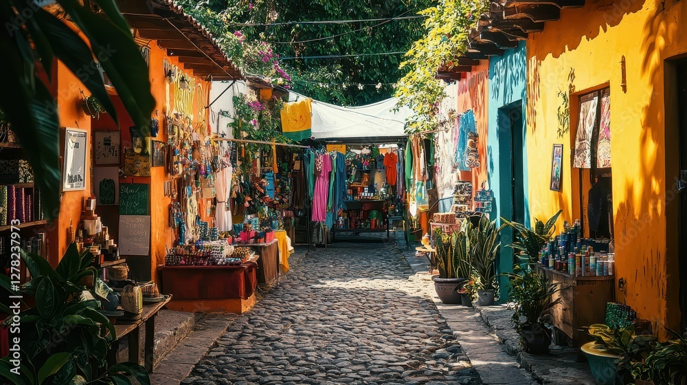 Fototapeta premium Colorful Outdoor Market Alley in Charming Vibrant Town Square