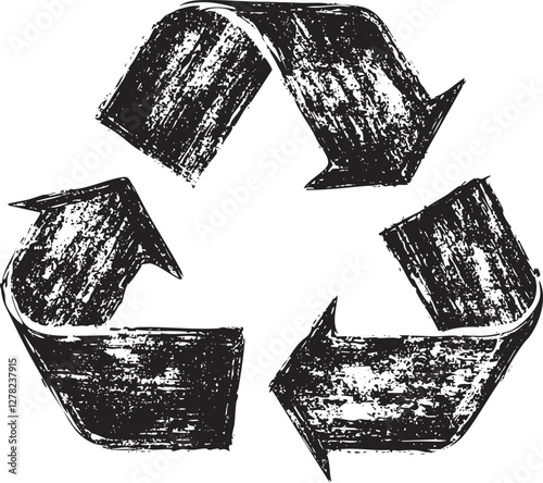 Grunge-style black recycling symbol with arrows on a white background.
