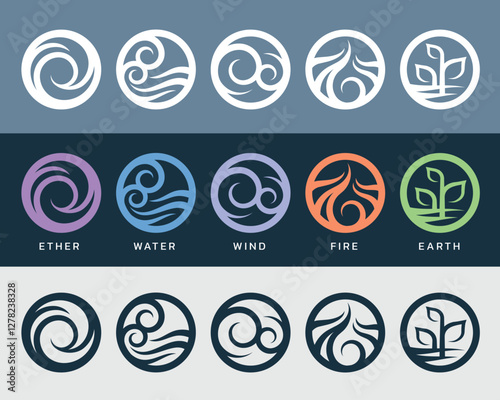 The Five elements of Ayurveda with ether, water, wind, fire and earth Abstract circle and curve line art symbol collection vector design