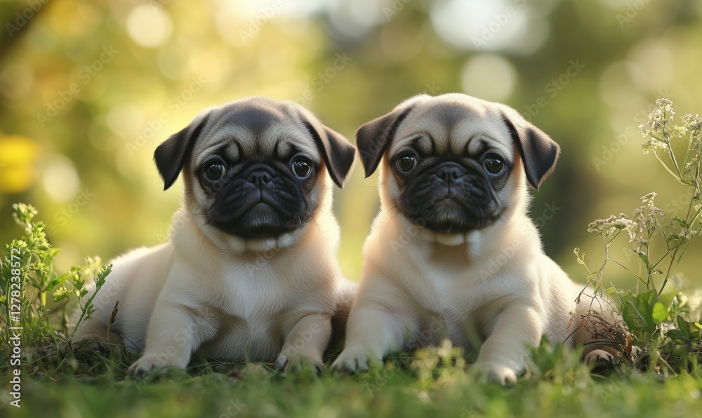 Adorable pug puppies sitting together in a sunny garden setting